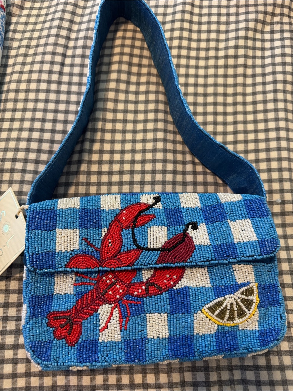 Blue Beaded Shoulder Bag with Red Lobster Motif